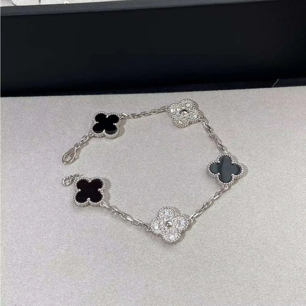 Silver Clover Link Bracelet with Black Onyx and Pave Accents - Picture 2 of 6